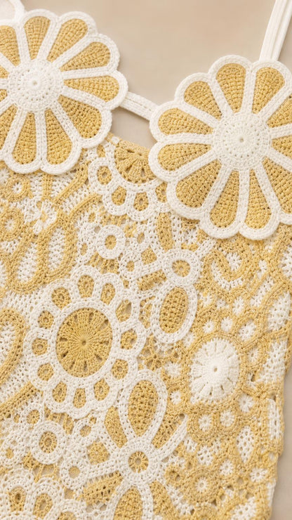 Close-up of floral bust cups and crochet texture
