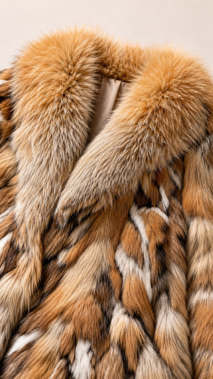 Close-up detail of the textured brown faux fur and lapel collar