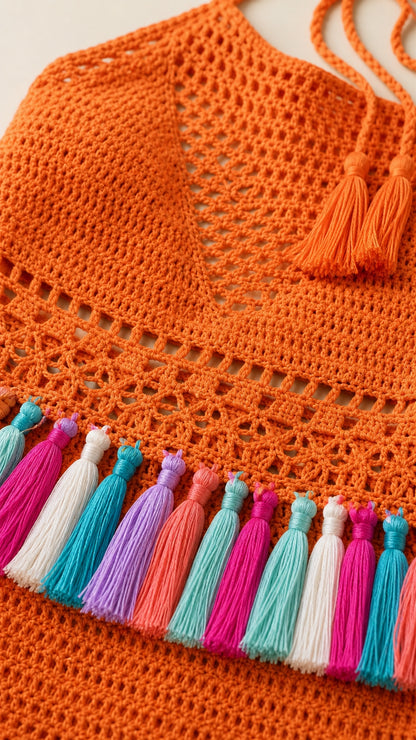 Close-up detail of crochet knit pattern and multi-colored fringe on orange dress