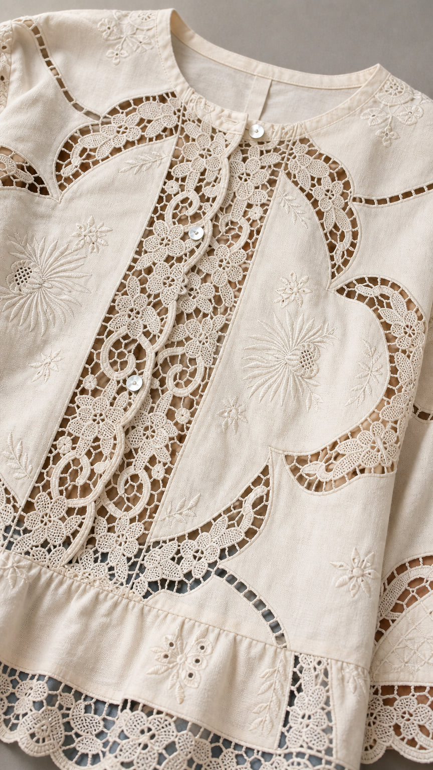 Close-up detail of front button placket and intricate lace embroidery