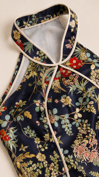 Close up of collar and floral fabric detail