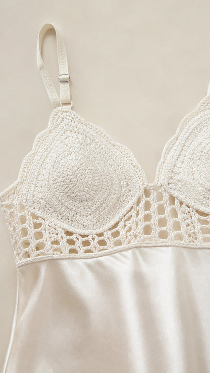 Close-up detail of crochet cups and adjustable straps