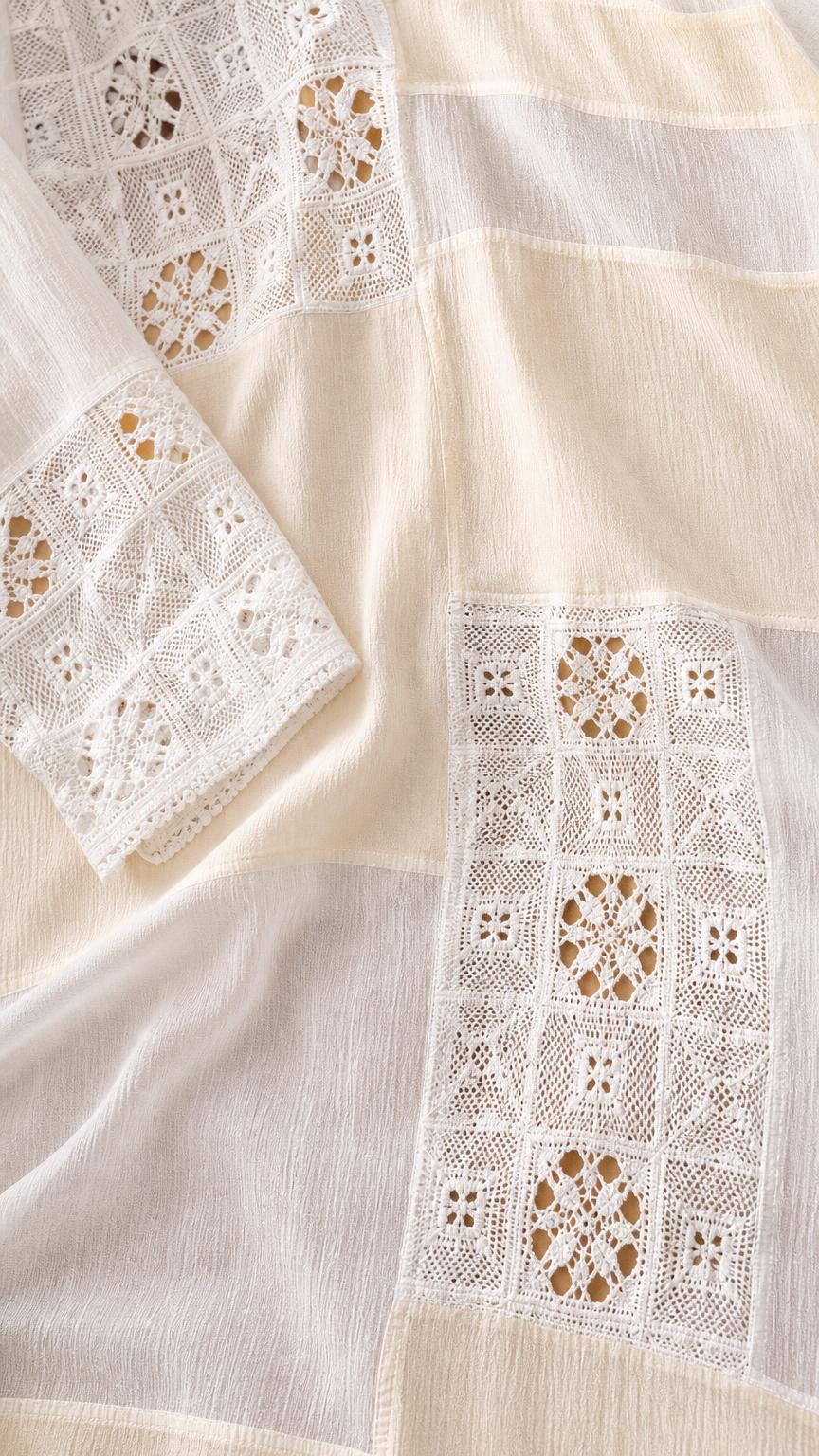 Close-up detail of white crochet lace panels and sleeve fabric