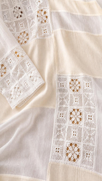 Close-up detail of white crochet lace panels and sleeve fabric