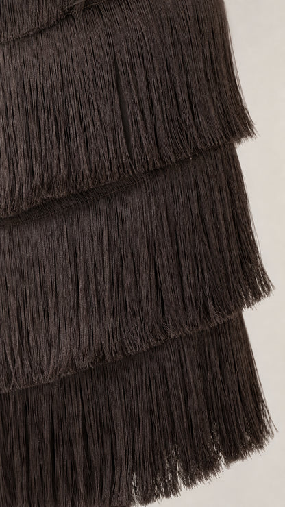 Close up detail of dark brown layered fringe texture