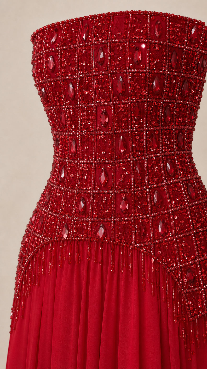 Close-up detail of ruby red crystal and bead embellished corset bodice