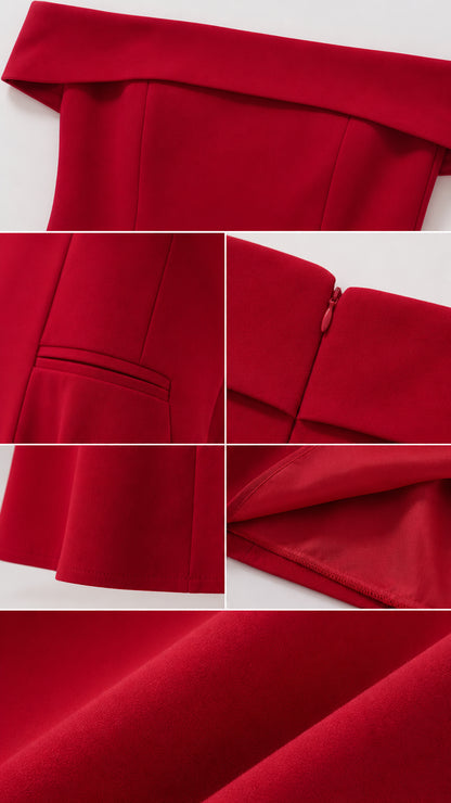 Close-up details of red dress construction and fabric