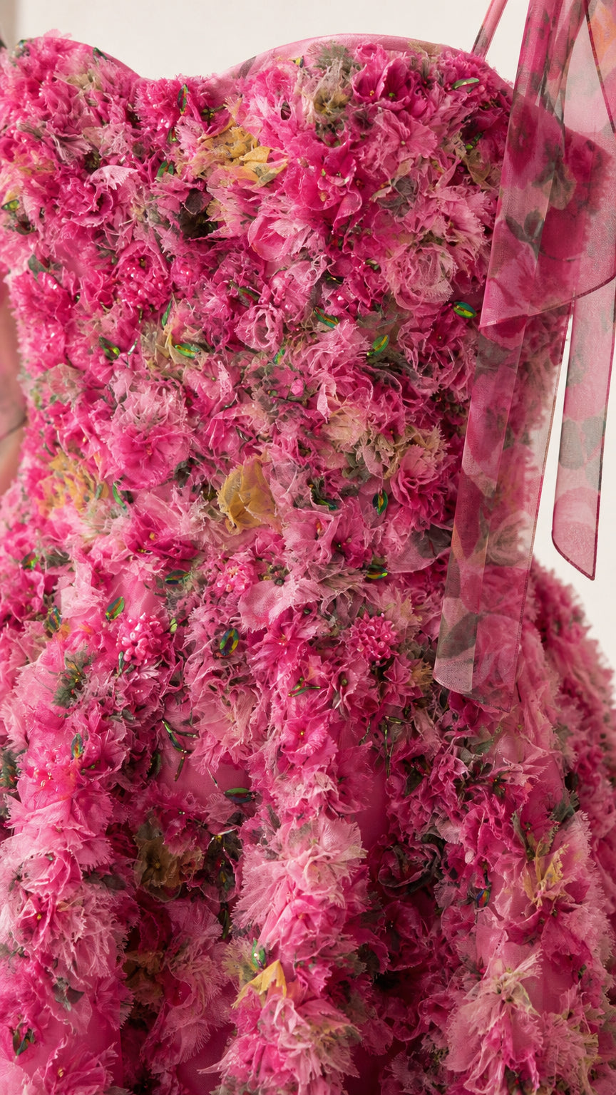 Close up of dimensional floral texture and tie straps