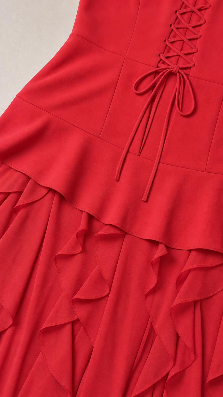 Close-up detail of lace-up back and ruffle peplum on red dress