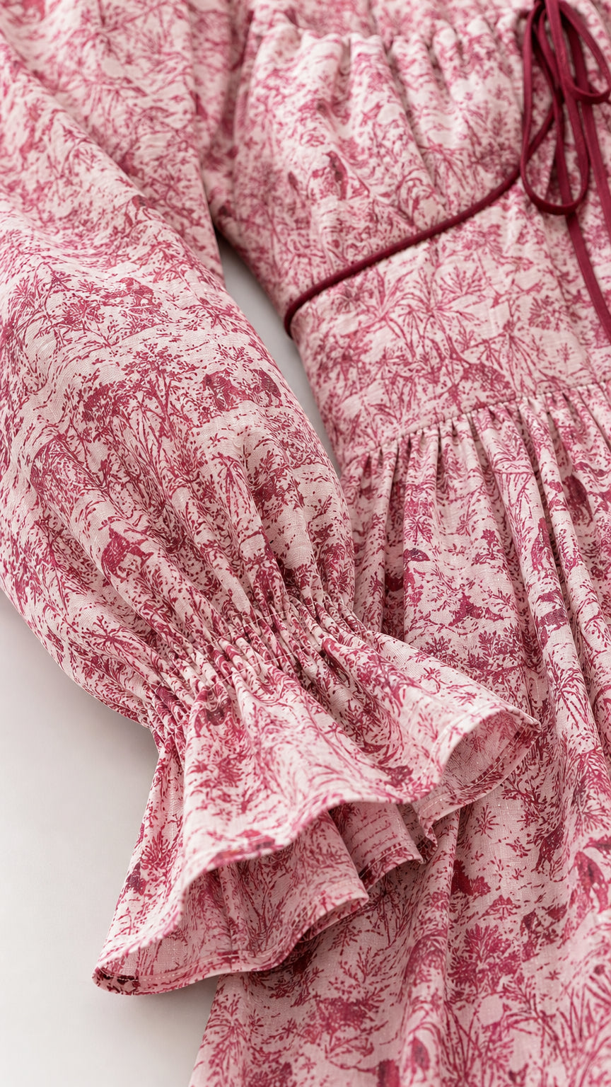 Close-up of sleeve and bow detail on red midi dress