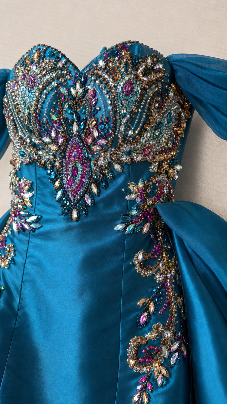 Close-up detail of crystal beadwork on bodice