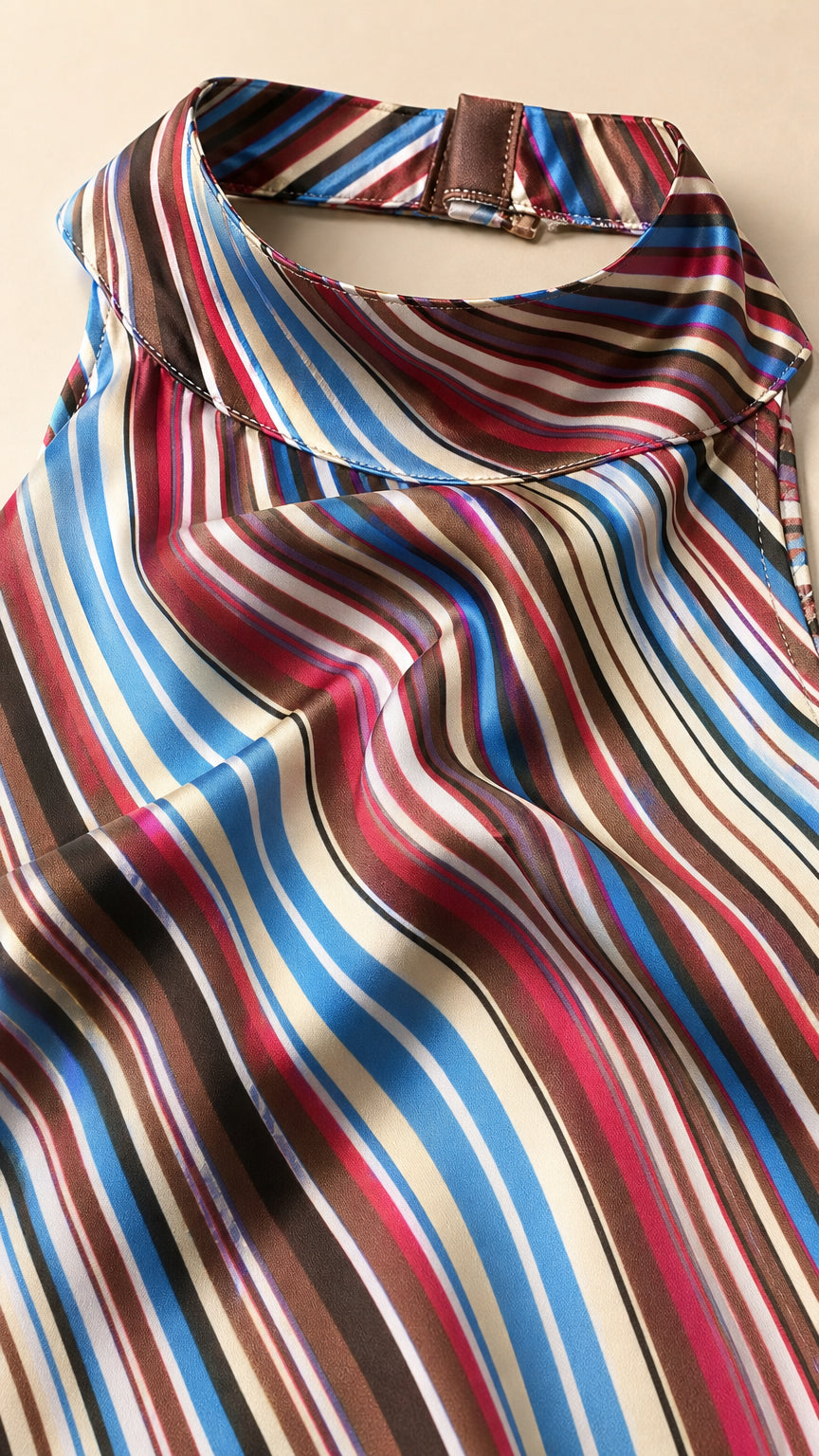 Close-up fabric and collar detail of the multicolored striped halter dress