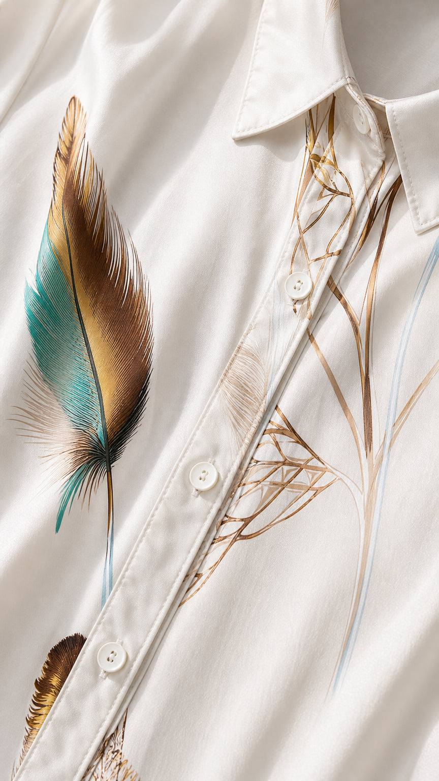 Close-up of button placket and collar on white feather print dress