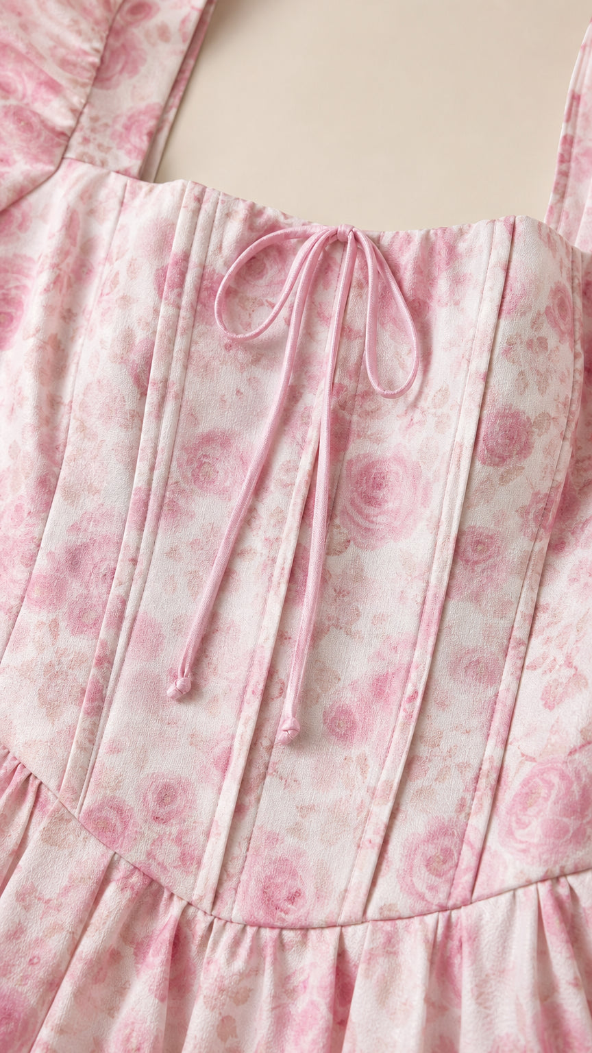 Close-up of square neckline and corset seaming on pink floral dress