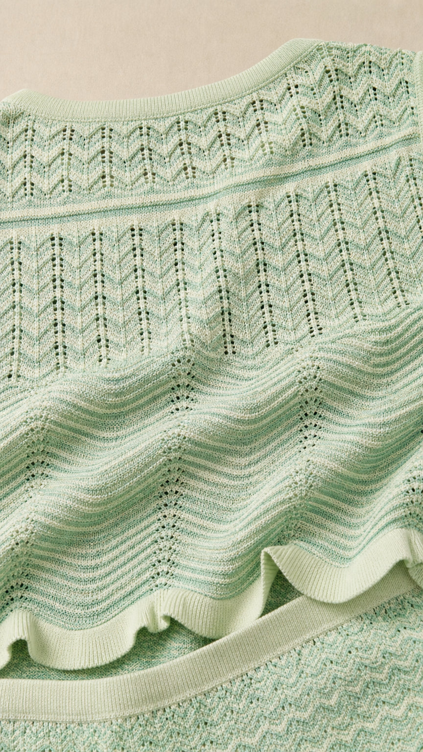 Close-up detail of mint chevron knit texture and lettuce hem