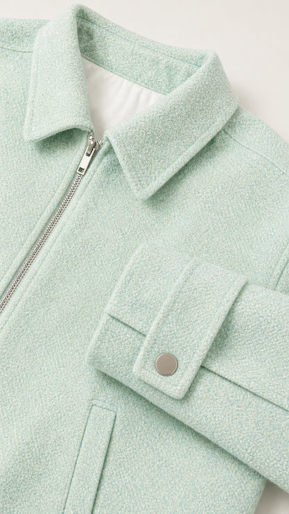 Close-up detail of mint green jacket collar and pocket