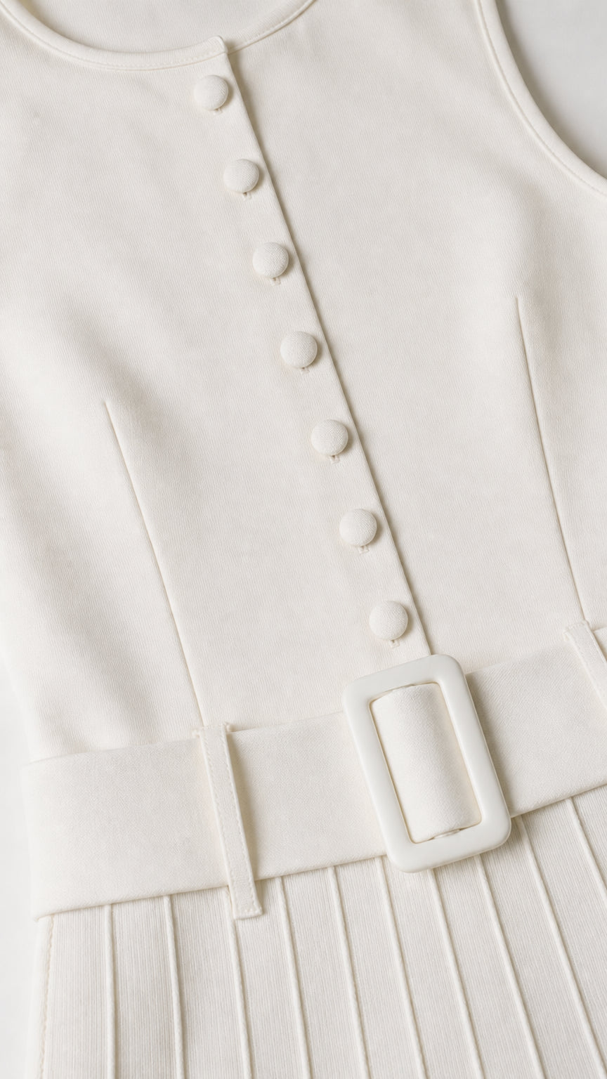 Close-up detail of covered buttons, belt buckle, and pleats on white dress