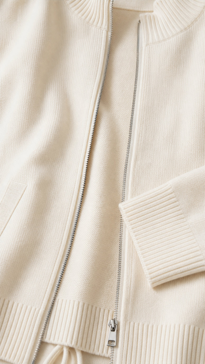 Close-up detail of cream knit cardigan zipper, ribbed collar, and cuff craftsmanship