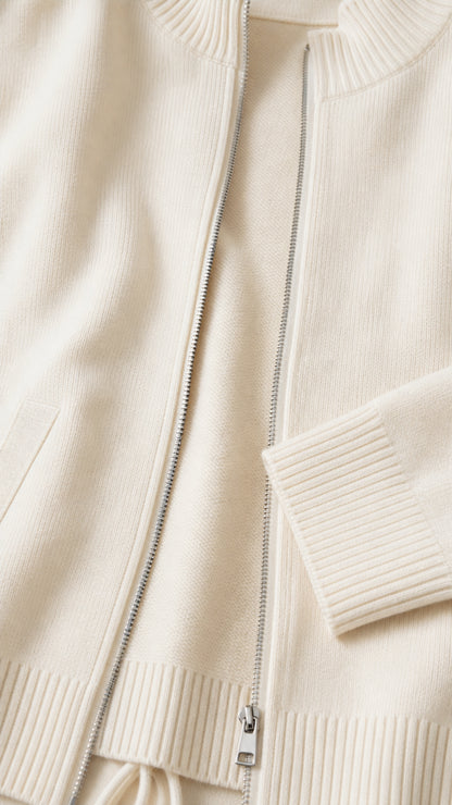 Close-up detail of cream knit cardigan zipper, ribbed collar, and cuff craftsmanship