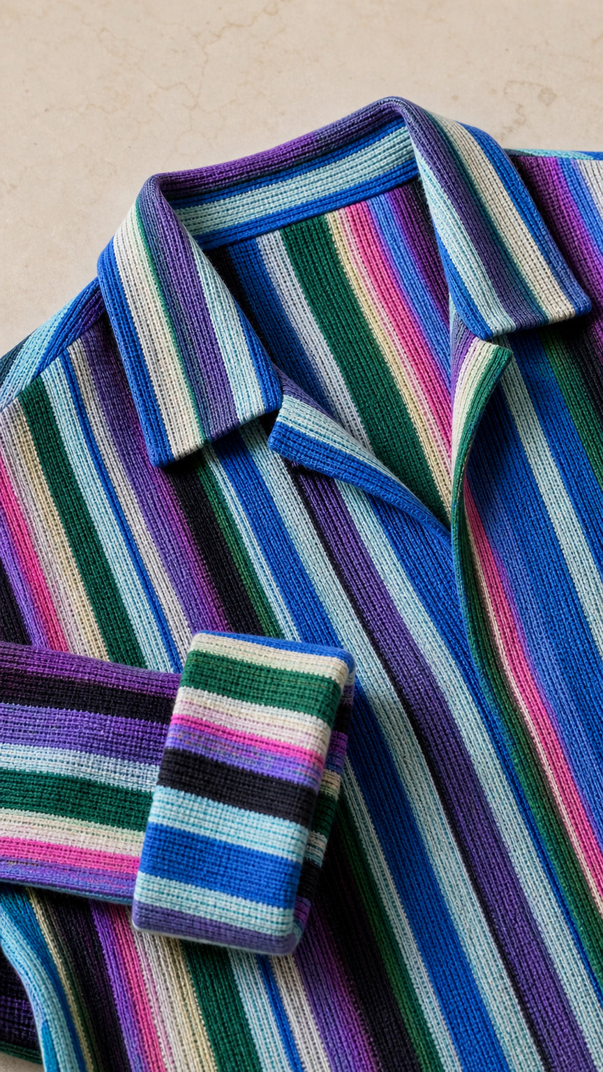 Close-up of blue multi textured knit fabric and lapel collar