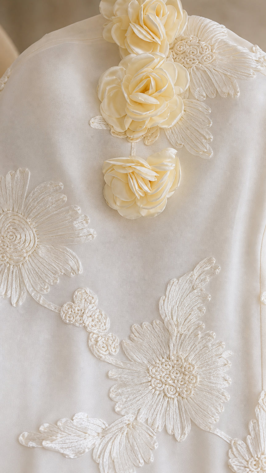Close-up detail of 3D rosettes and intricate floral lace embroidery on dress