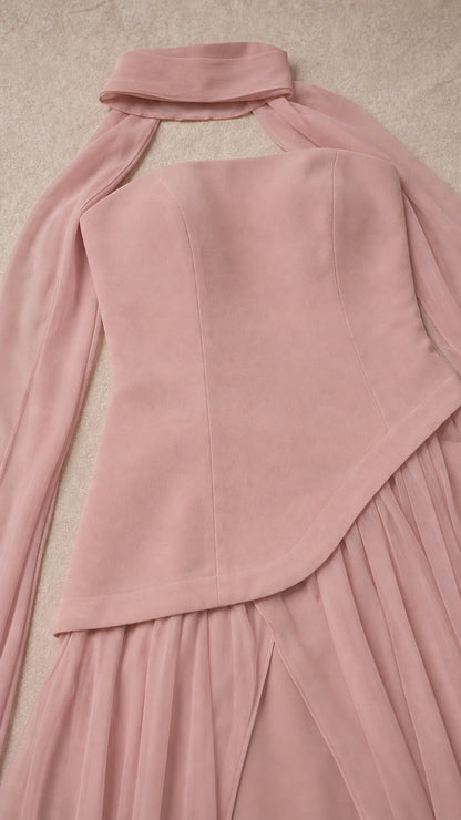 Close-up of choker neckline and structured bodice construction