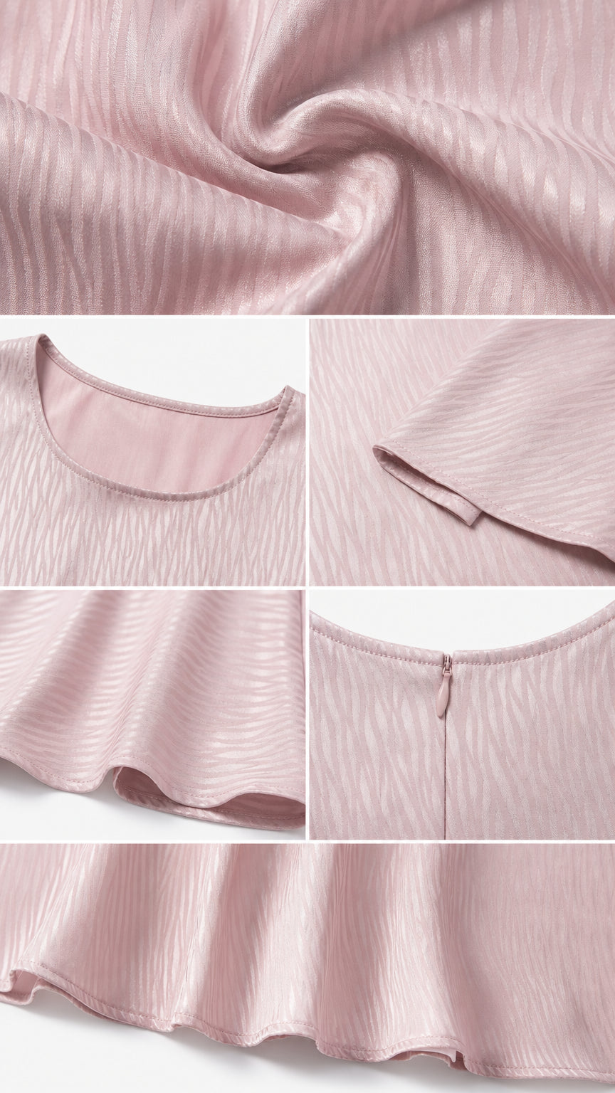 Close-up details of fabric, neckline, and sleeves of pink maxi dress