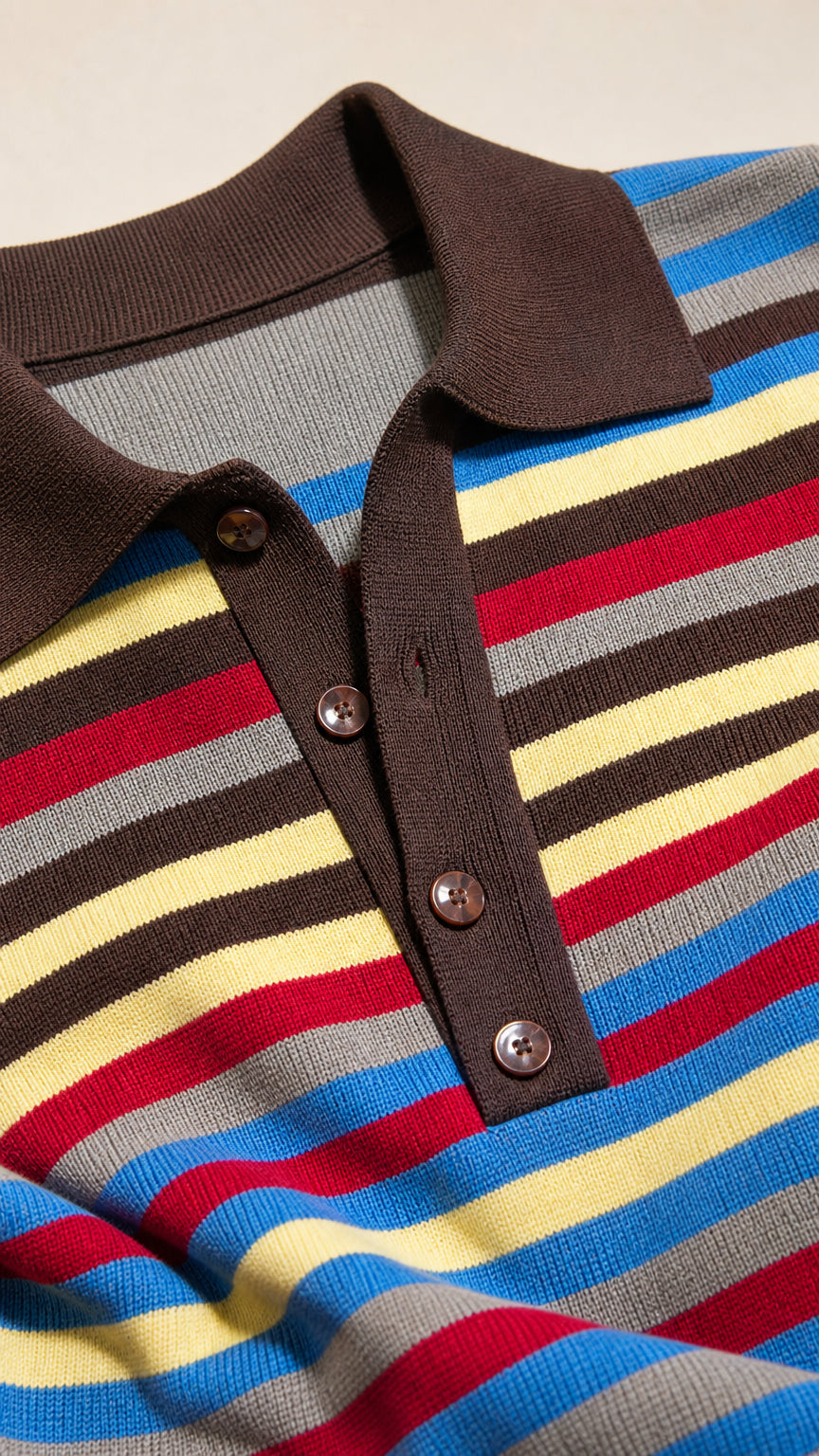 Close-up detail of brown knit polo collar and button placket on striped shirt