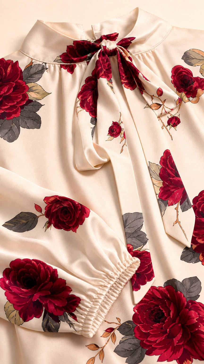 Close-up detail of cream floral print satin fabric, neck tie ribbon, and elastic sleeve cuff