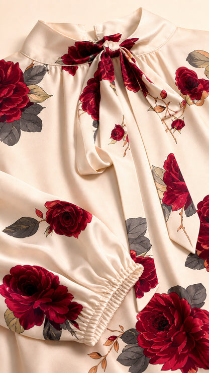 Close-up detail of cream floral print satin fabric, neck tie ribbon, and elastic sleeve cuff