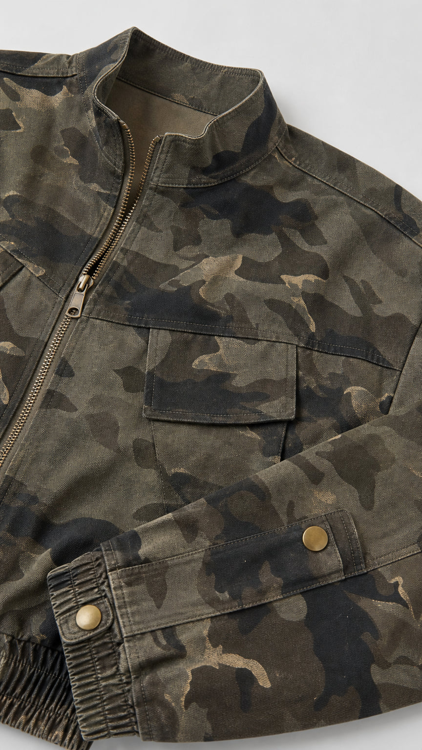 Close-up detail of camouflage jacket stand collar, zipper, utility pocket, and snap cuffs