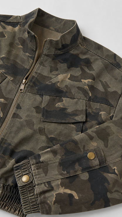 Close-up detail of camouflage jacket stand collar, zipper, utility pocket, and snap cuffs