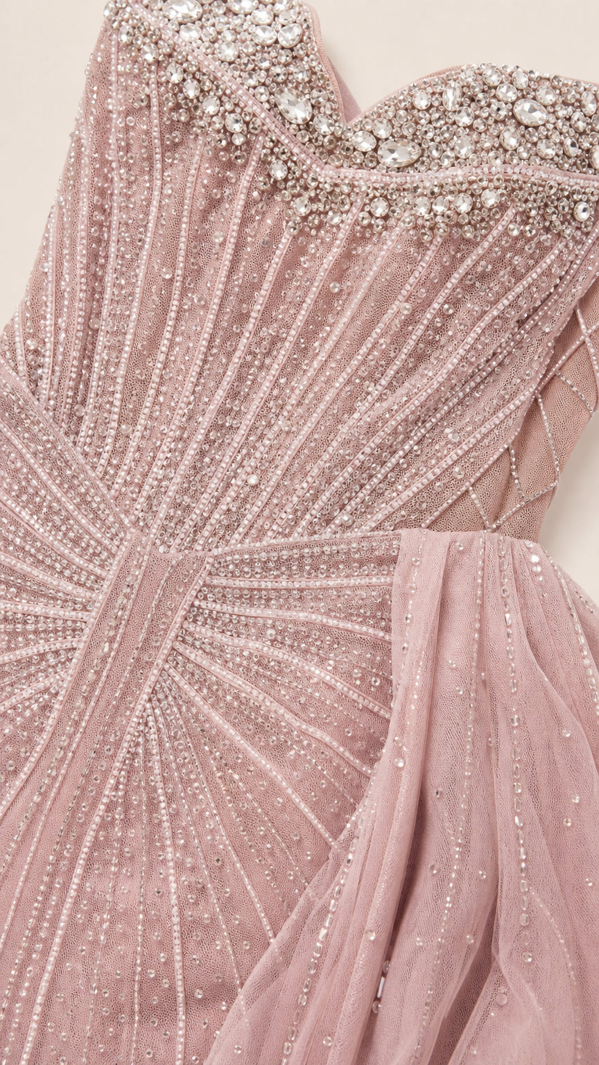 Close-up detail of crystal beadwork on the sweetheart bodice