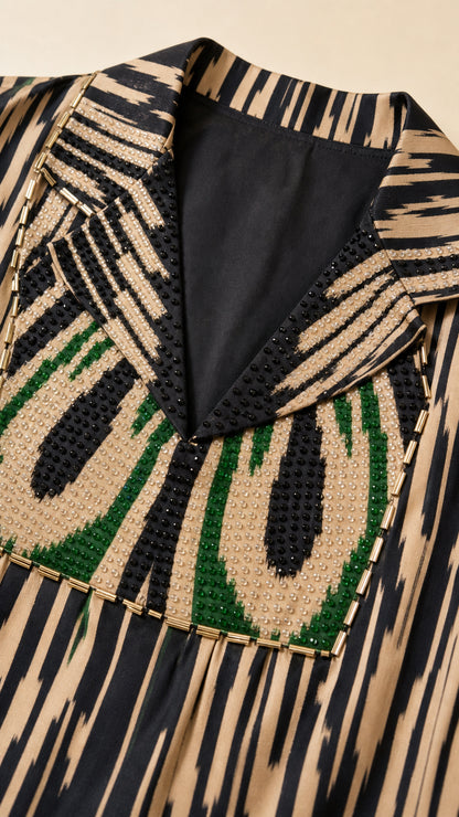 Close-up detail of beaded notch lapel collar and neckline on ikat dress