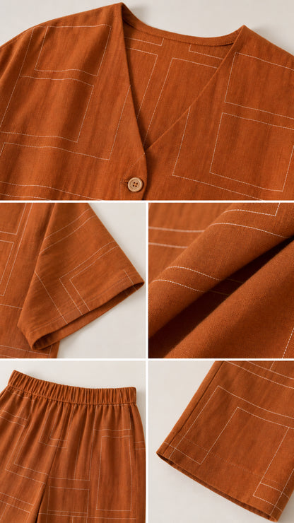 Detailed close-ups of V-neckline, stitch details, fabric texture, and elastic waistband