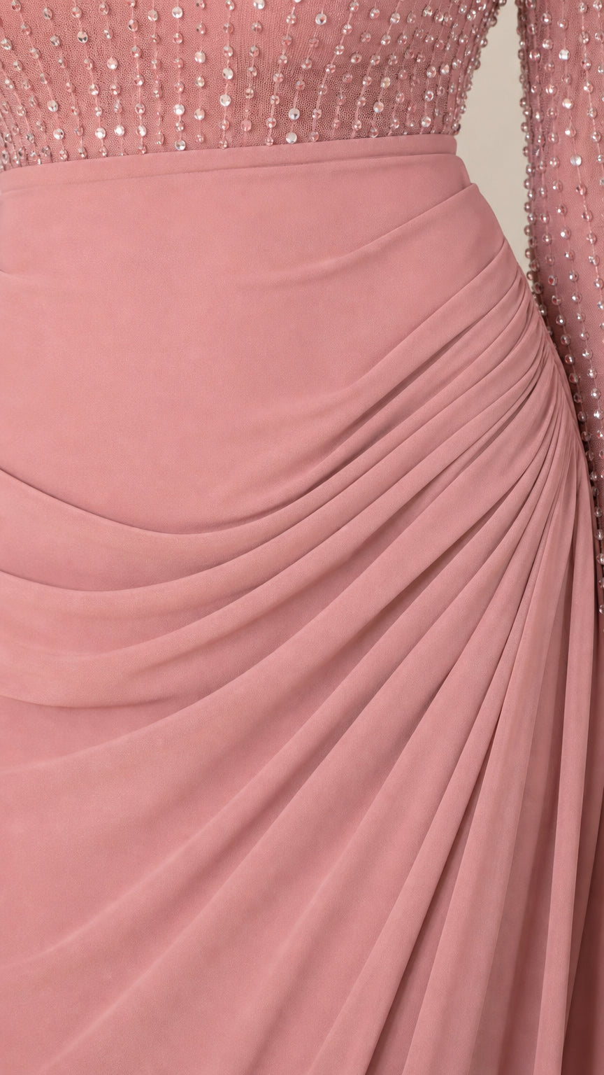 Close-up detail of side draping and smooth skirt fabric
