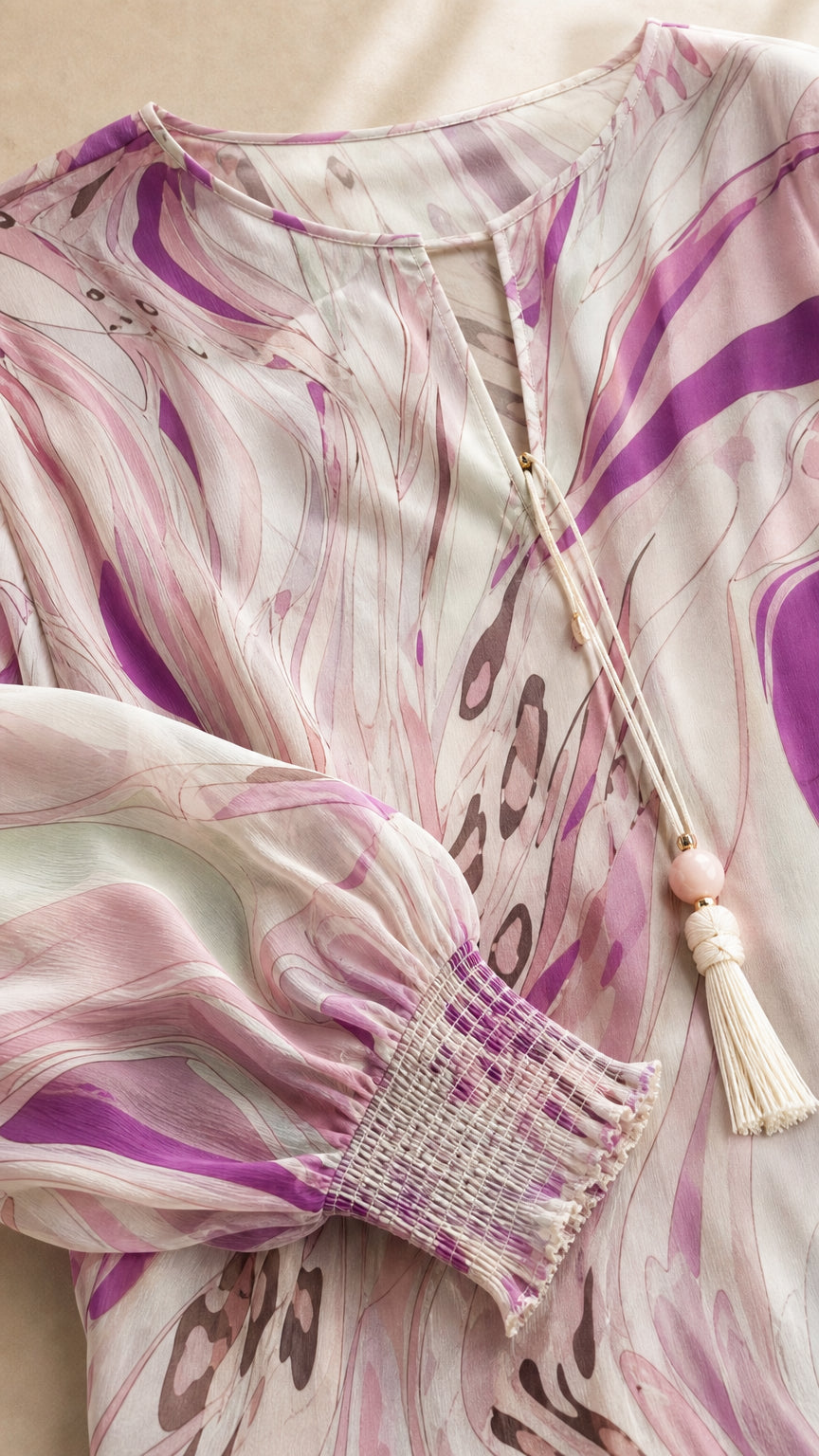 Close-up of fabric, neckline, and smocked cuff details