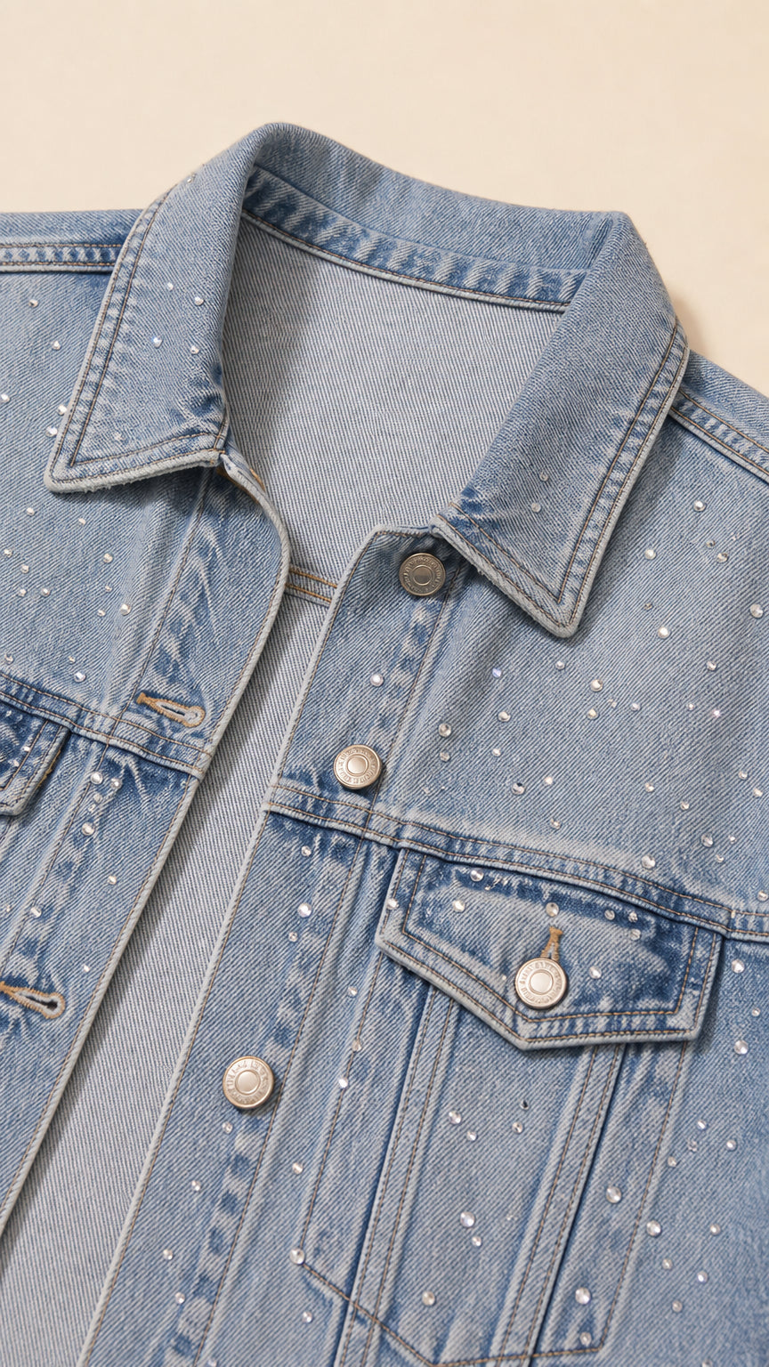 Close-up detail of point collar, metallic buttons, and rhinestone embellishments on denim jacket