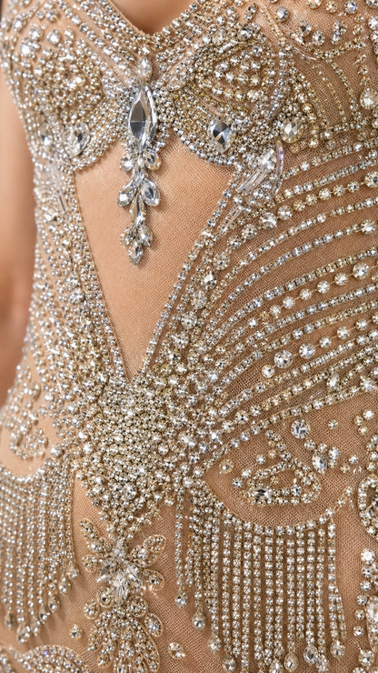 Close-up detail of rhinestone and crystal bodice embellishments