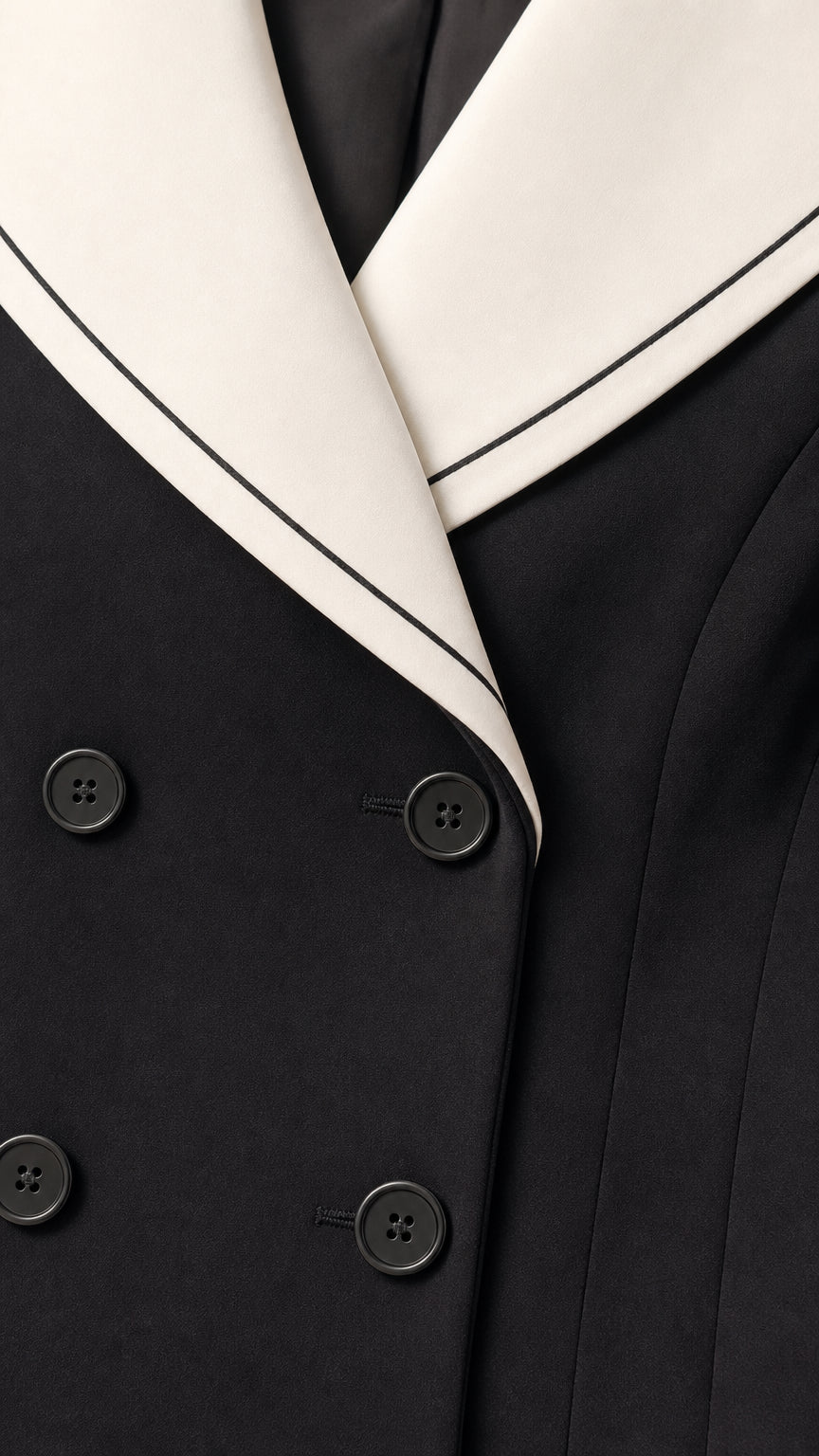 Close-up detail of black double-breasted buttons and contrast white sailor collar with piped trim