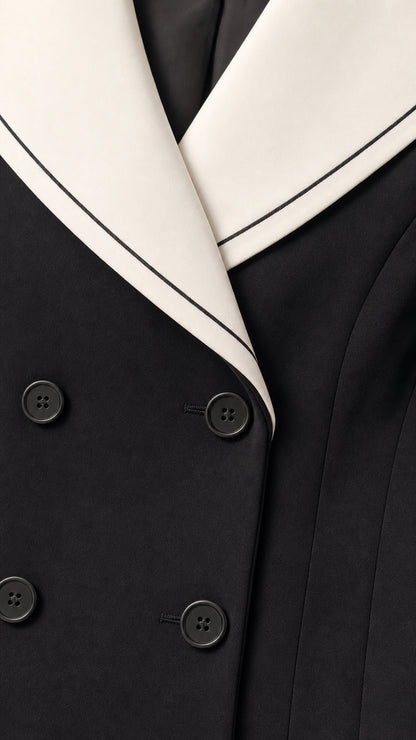 Close-up detail of black double-breasted buttons and contrast white sailor collar with piped trim