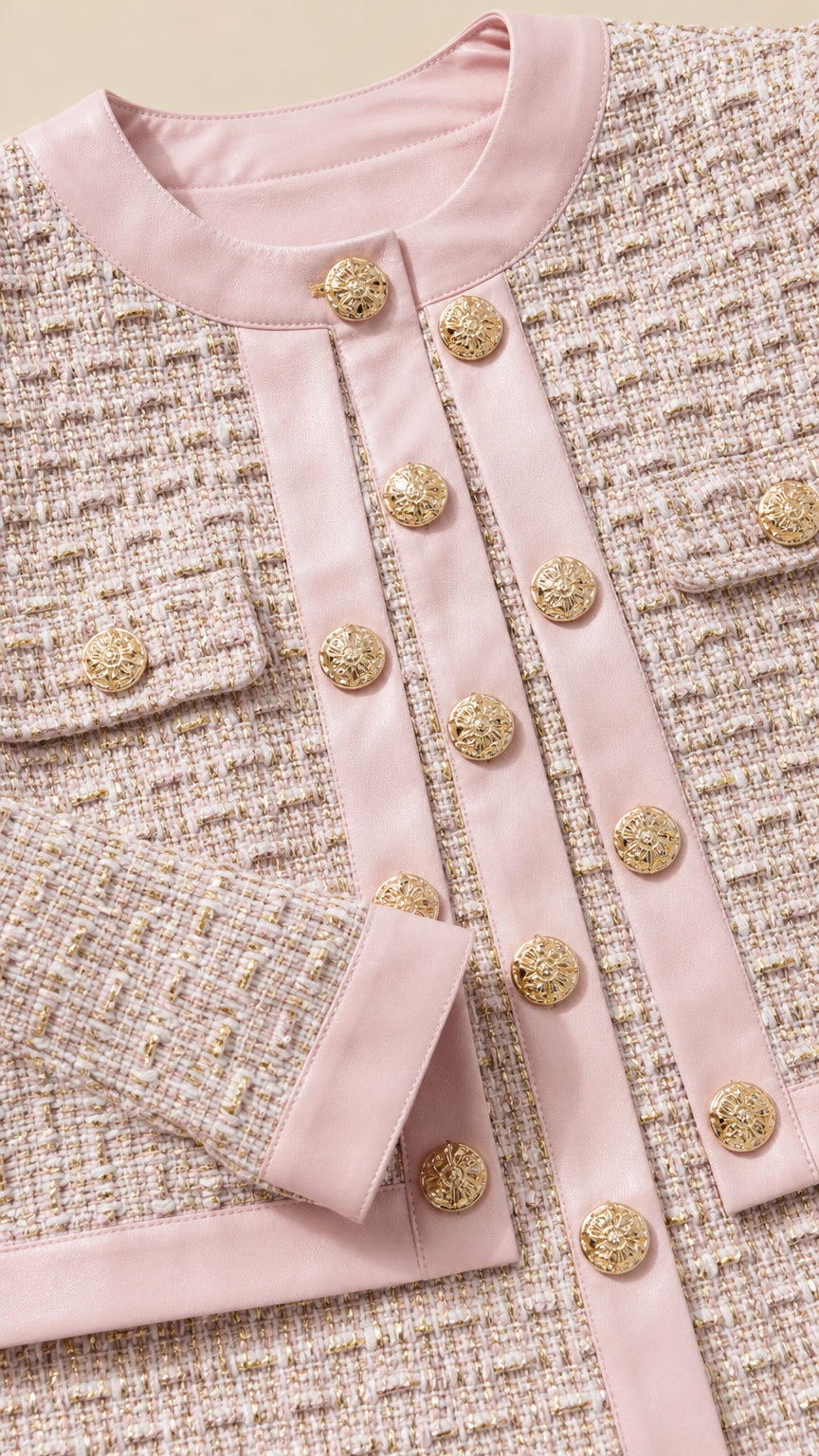 Close-up detail of pink tweed jacket showing metallic buttons and contrast piping