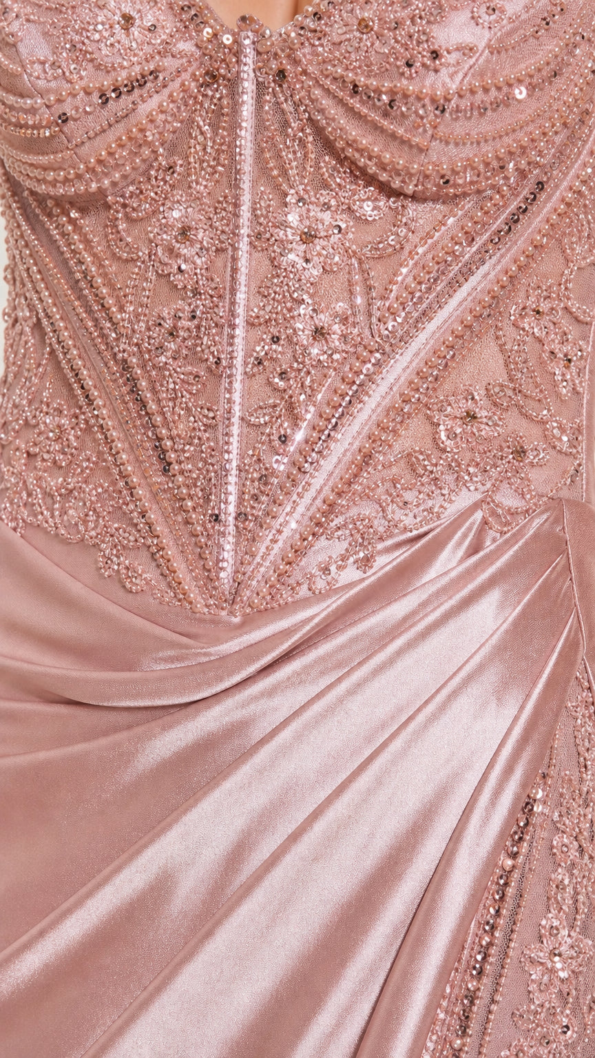 Close-up detail of the beaded and sequined corset bodice