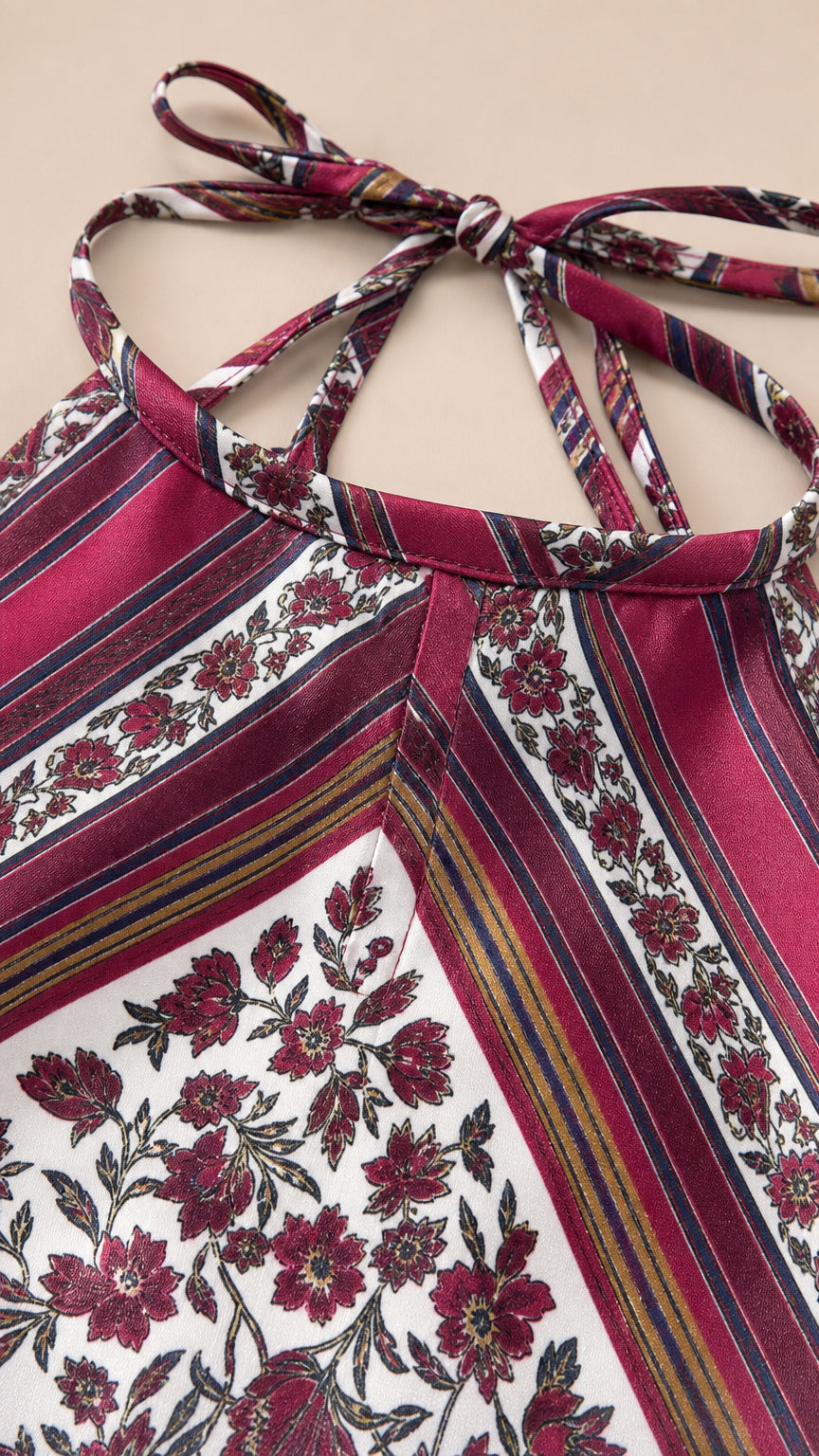 Close-up of fabric print, halter straps, and border details