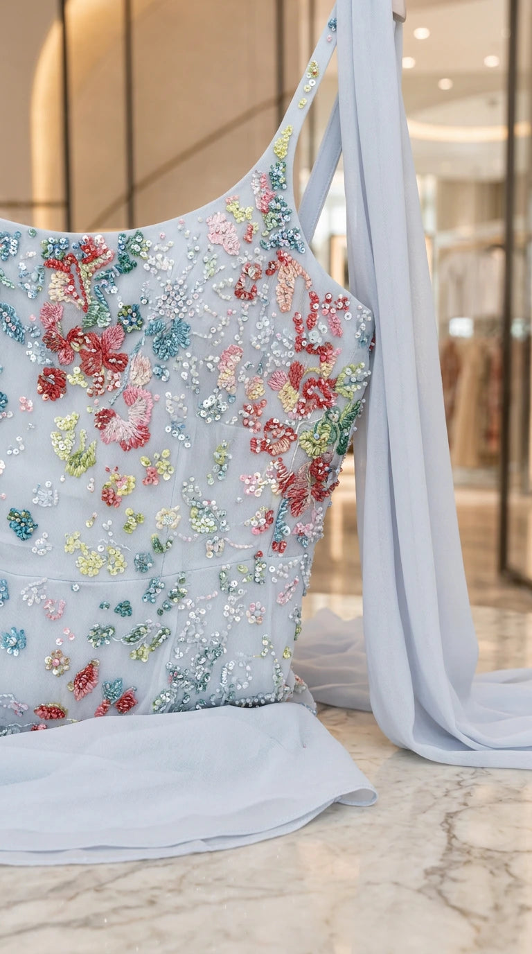 Close-up of beading and floral embroidery on Light Blue maxi dress