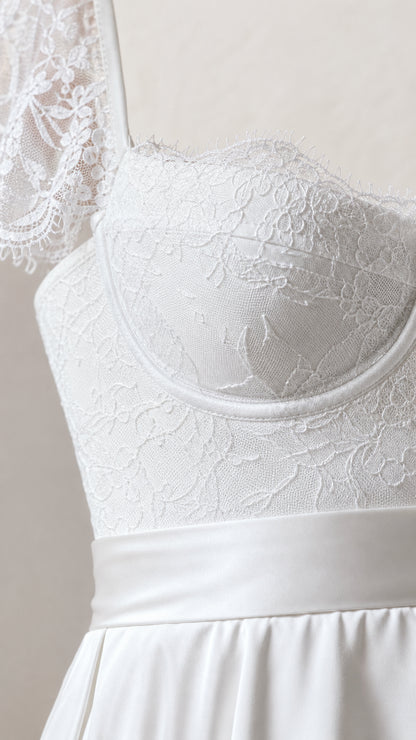 Close-up of lace bodice and sweetheart neckline