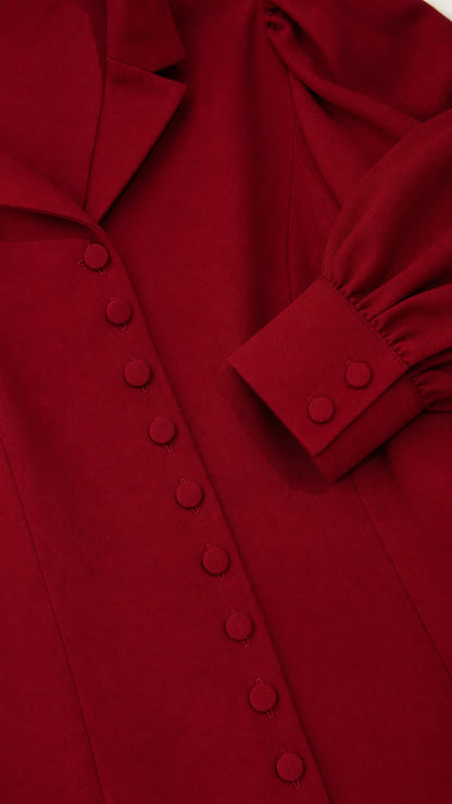 Close-up detail of lapel collar, buttons, and sleeve cuff on burgundy dress