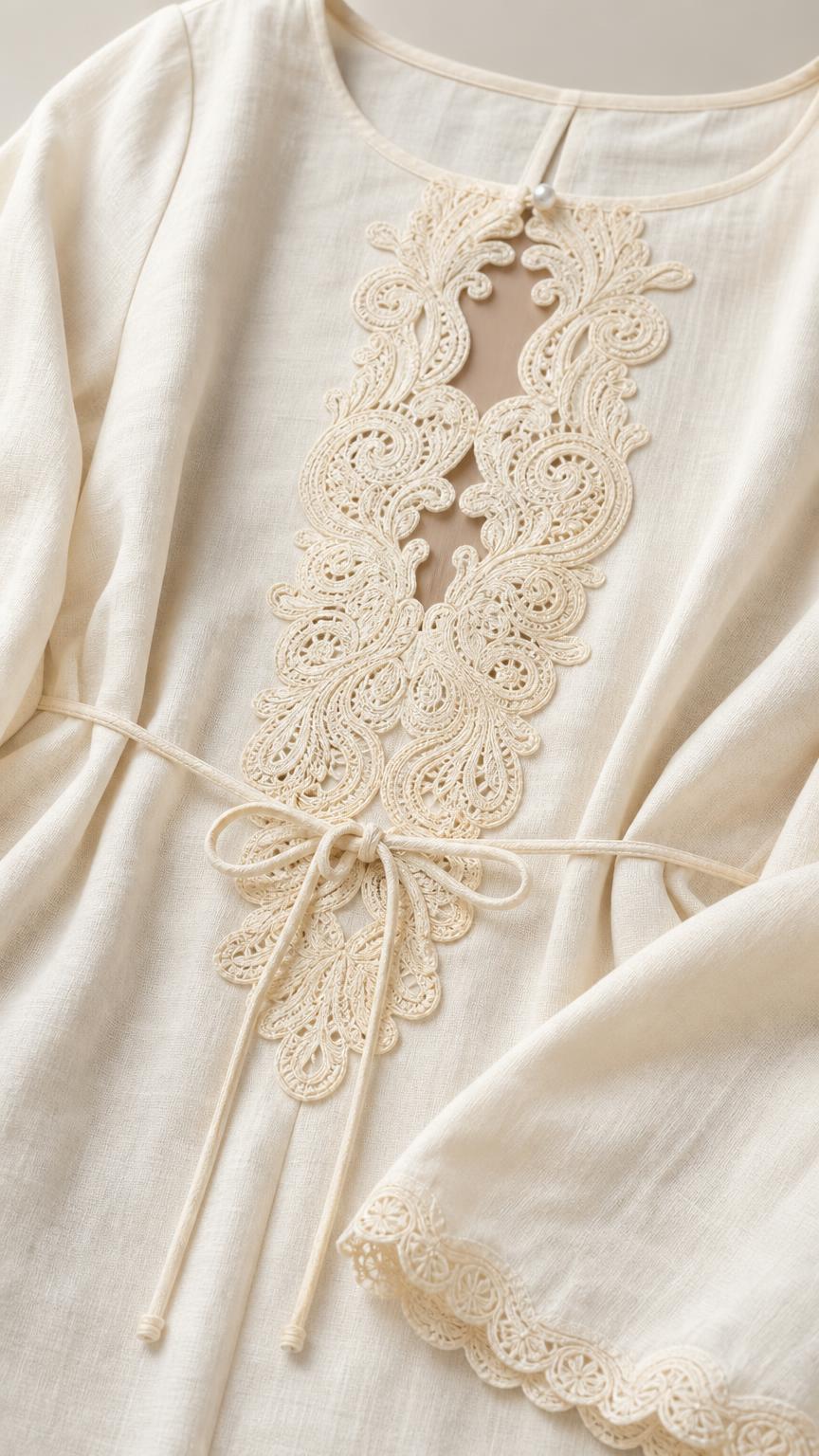 Close-up detail of the front sheer crochet lace panel and drawstring