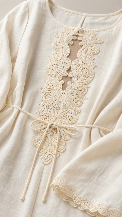 Close-up detail of the front sheer crochet lace panel and drawstring