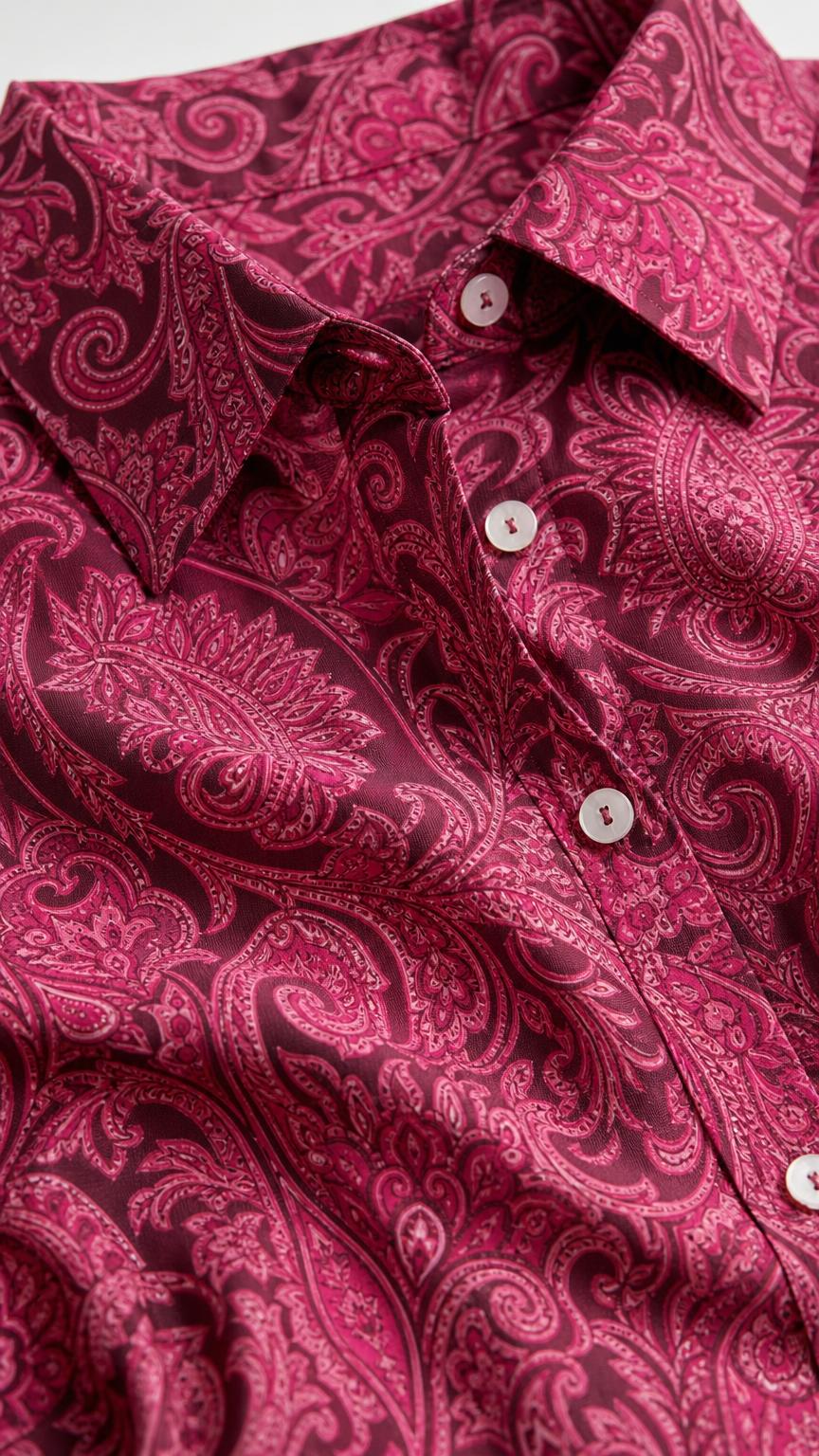 Close-up of fuchsia paisley print fabric and collar detail
